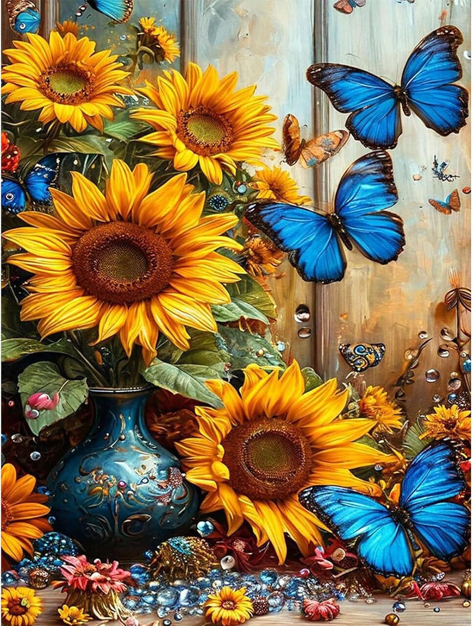 Sunflower & Butterfly Diamond Art Kits for Adults - 16x12 Inch 5D Full Drill Round Diamond Painting - DIY Floral Gem Art for Beginners - Sparkling Rhinestone Craft for Home Wall Decor & Gifts